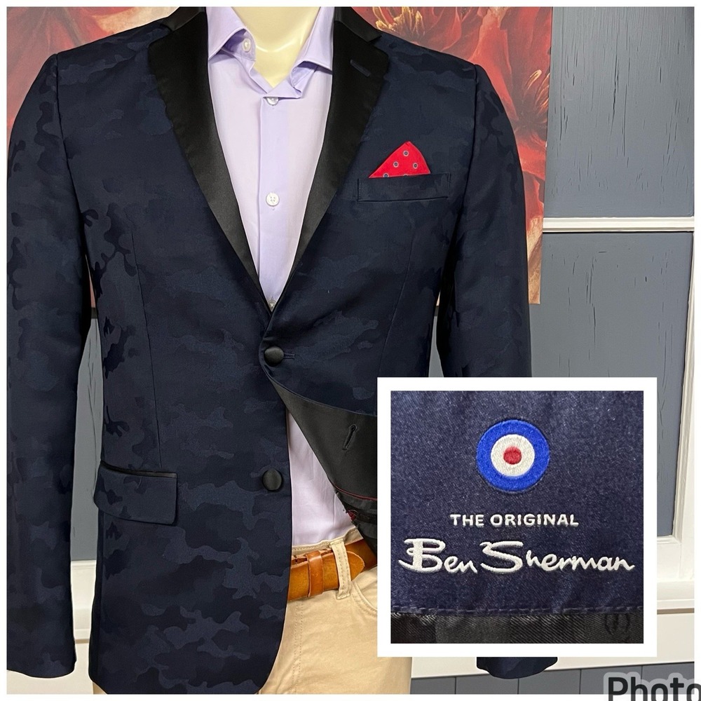 Ben Sherman Dinner Jacket Blazer Mens 38R Slim Polyester Stretch Dark Navy Camo